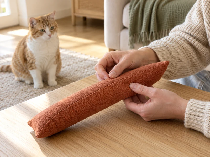 Adult hands inspect the seams of a generic cloth cat toy before play.