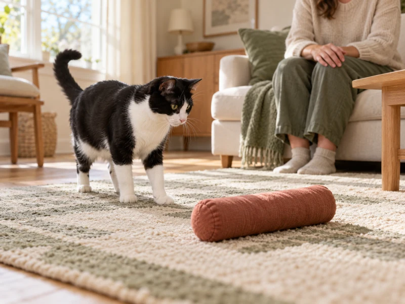A cat watches a plain kicker toy on a rug with space to approach or leave.