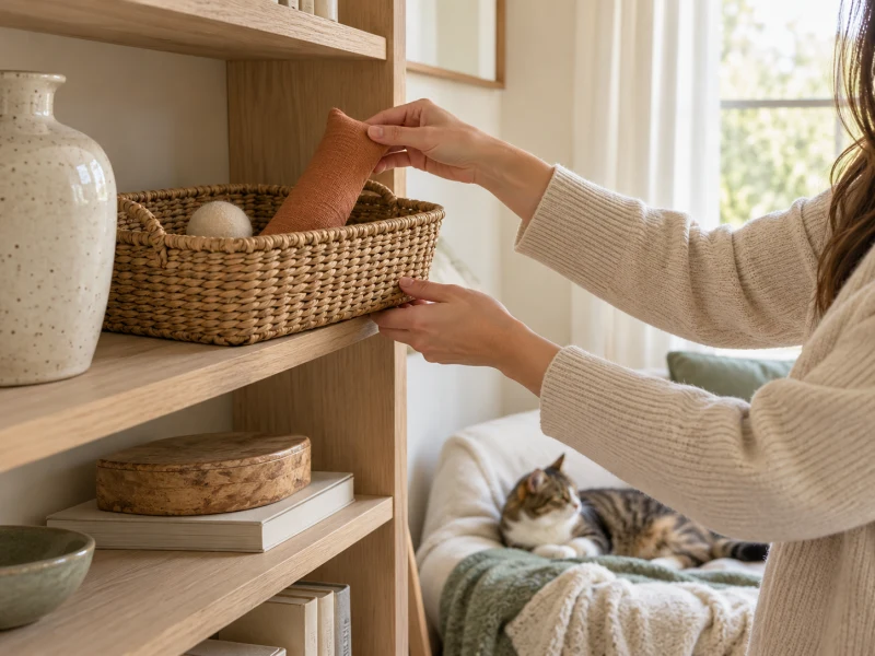 A person places intact generic cat toys in a storage basket between play sessions.