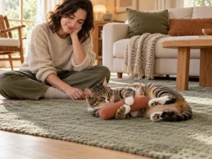 A cat reaches for a generic cloth kicker toy during a supervised play session.