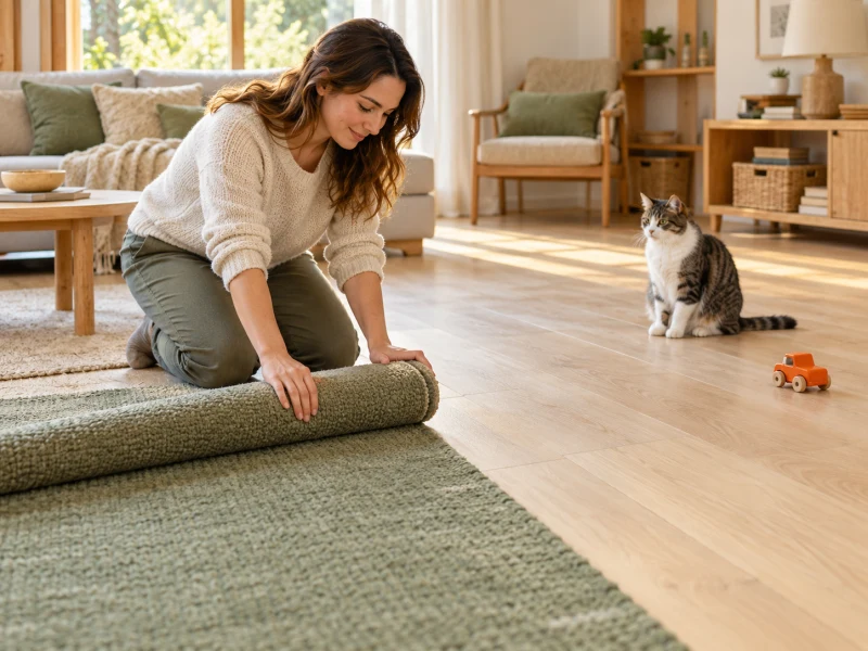 An adult clears a loose rug edge from a cat’s supervised play area.