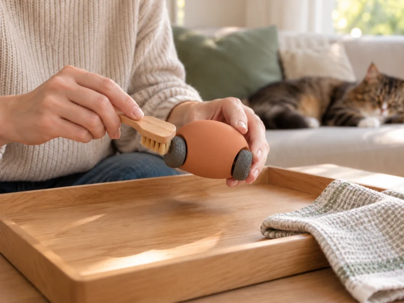 Adult hands remove loose fur near an inactive generic toy wheel over a tray.