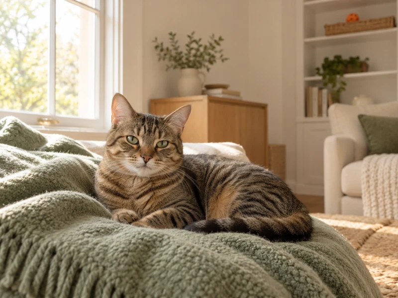 A cat rests on a blanket while an inactive generic toy is stored away from paws.