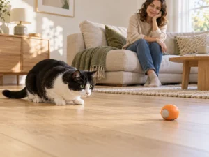 A cat watches a generic small moving-style toy in a clear room while an adult supervises.