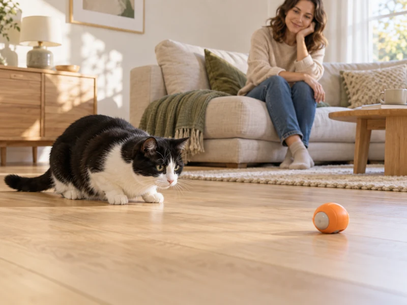 A cat watches a generic small moving-style toy in a clear room while an adult supervises.