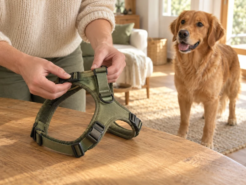 A person checks the buckles and straps of a generic olive harness off the dog.
