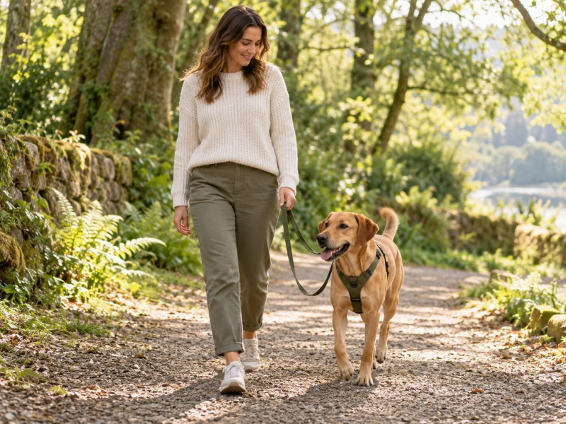 A dog wearing a generic olive harness walks beside an adult on a loose lead.
