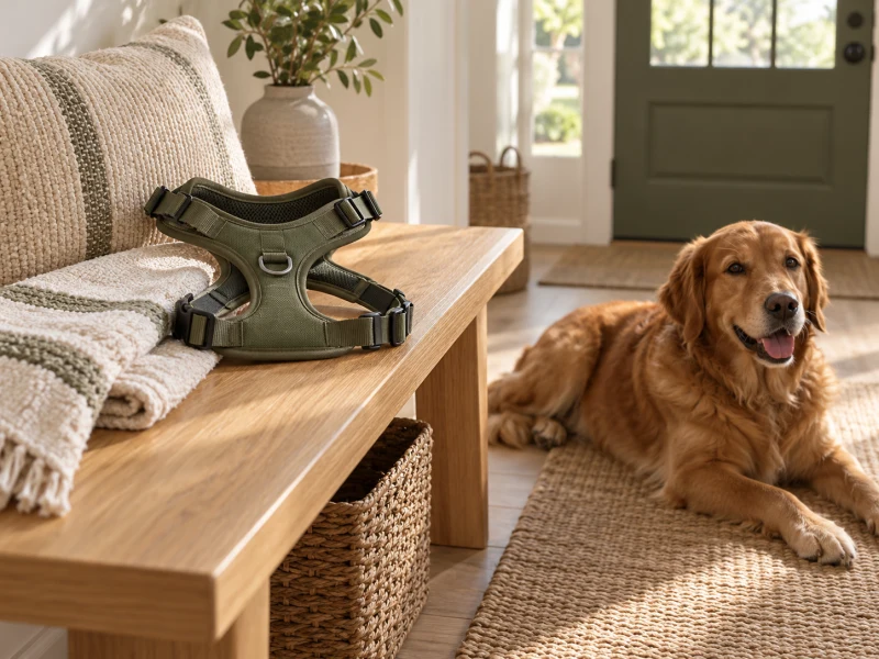 A clean generic harness hangs neatly after use, away from a resting dog.