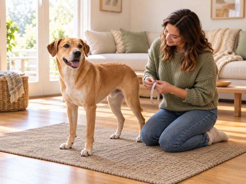A dog waits beside a person preparing a soft measuring tape before choosing a harness size.