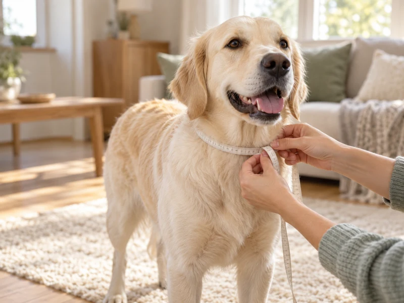 An adult gently measures a dog’s neck with a blank soft tape.