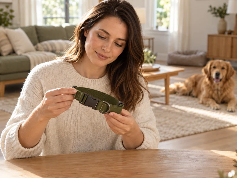 Adult hands inspect the buckle and stitching of an unbranded olive dog collar.