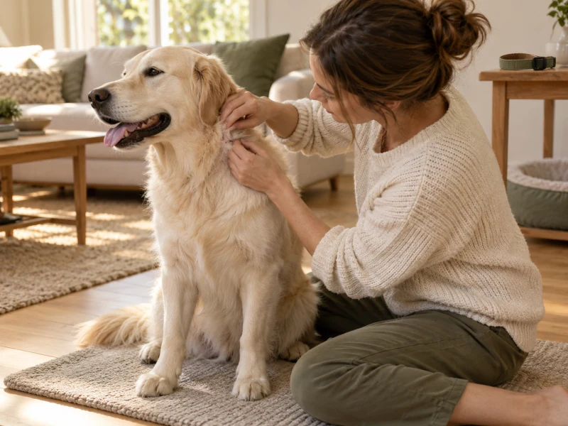 A person gently parts fur on a dog’s neck with the collar removed.