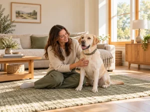 A dog wearing a plain olive collar sits calmly beside an attentive adult.