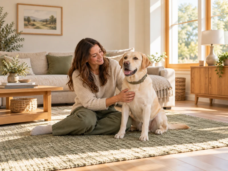 A dog wearing a plain olive collar sits calmly beside an attentive adult.