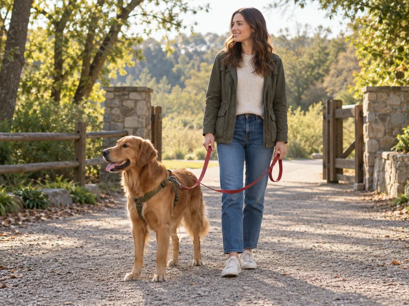 An adult gathers loose lead while a calm dog stands nearby.