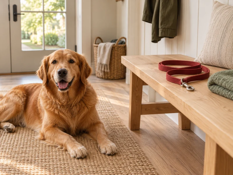 A dry flat lead lies loosely on an entryway bench beside a towel.