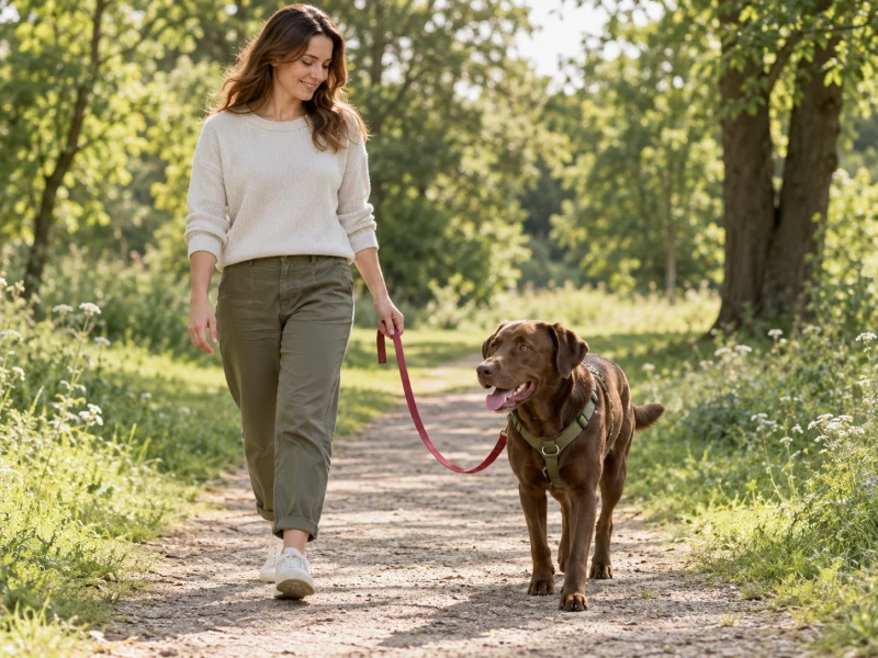 An adult walks a dog on a slack plain flat lead along a quiet path.