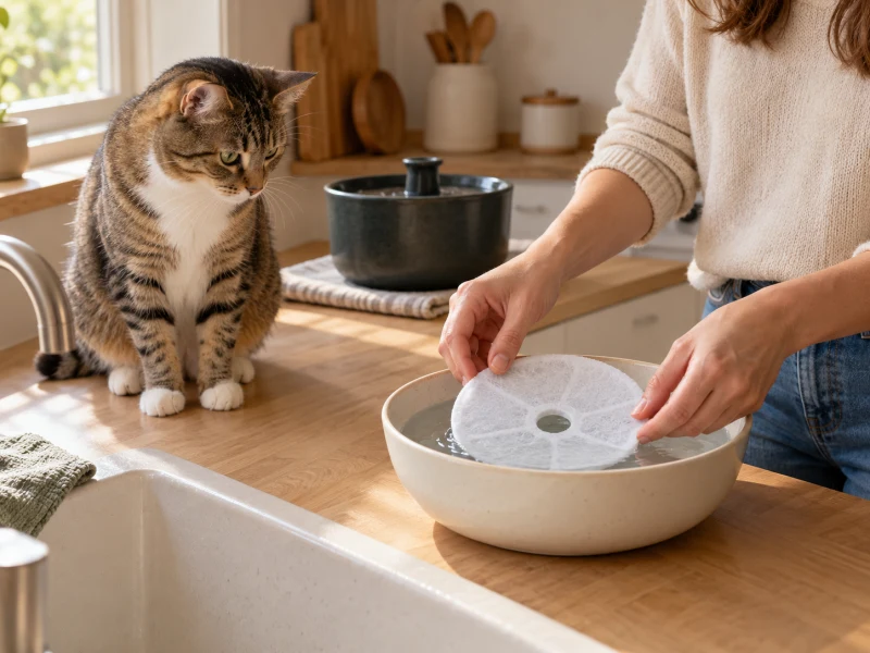 A plain round filter rests in a separate bowl of clean water.