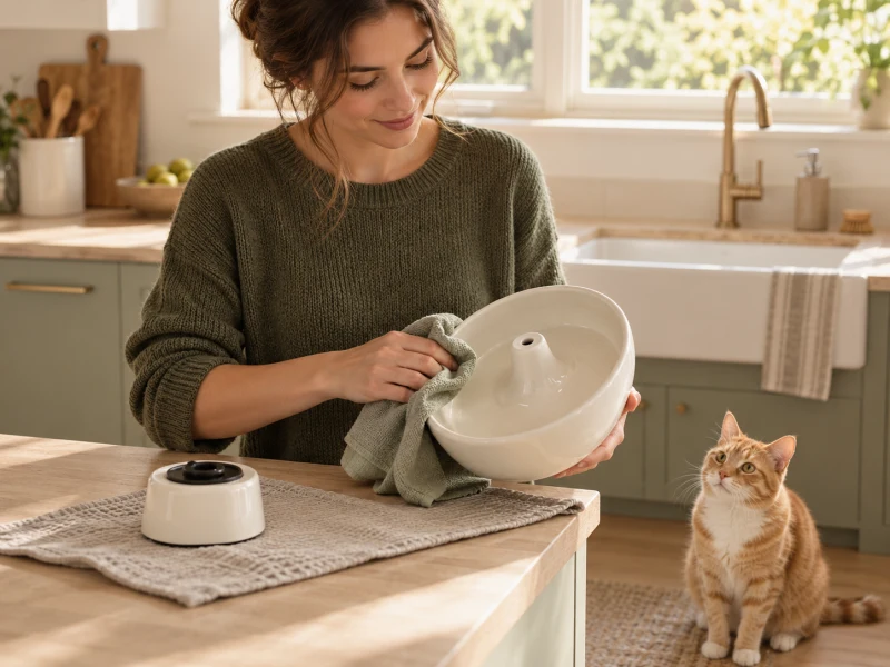 A person dries a removable generic fountain bowl on a towel.