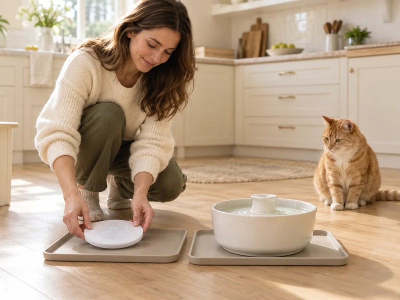 A cat observes a person arranging generic fountain filter parts on a dry tray.