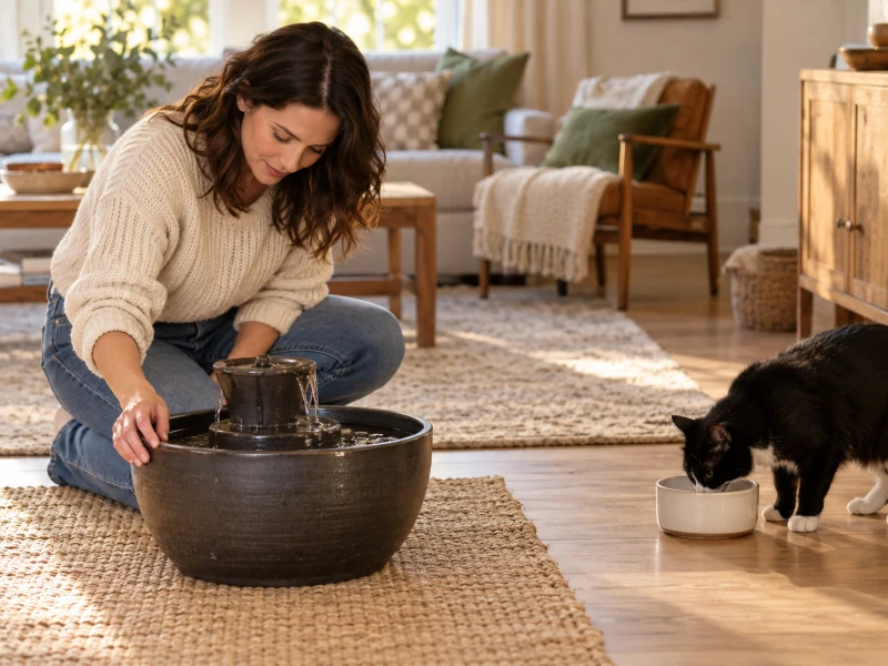 An adult checks water in a generic fountain while the cat has a separate bowl.