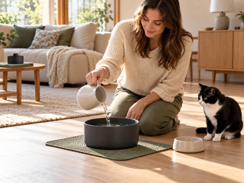 An adult fills a separate empty generic water reservoir while the dry electrical base stays on a distant table.