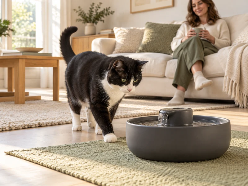 A cat approaches a generic dark ceramic fountain in a clear quiet corner.