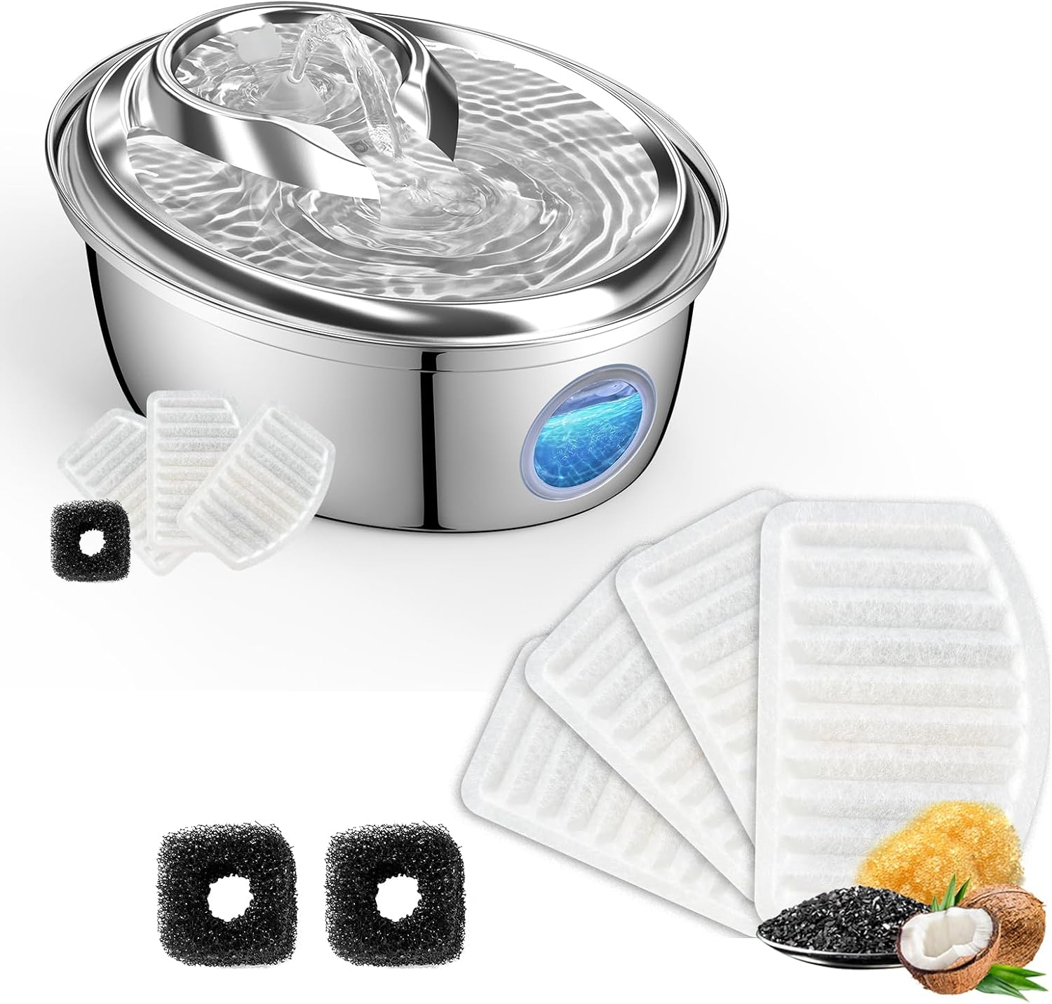 Original retail composite rendering of the silver ORSDA 3 L fountain with LED window and illustrated filter components.