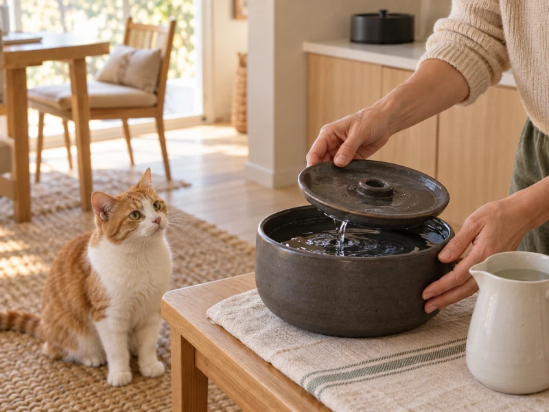 An adult checks water in a separate removable generic fountain bowl beside a clean jug.