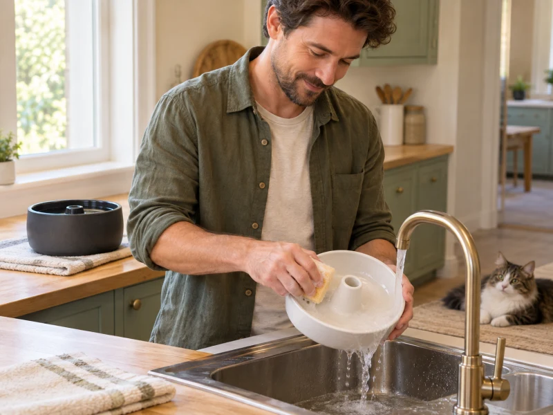 A person cleans a plain removable fountain bowl while the dry generic electrical base stays away from the sink.