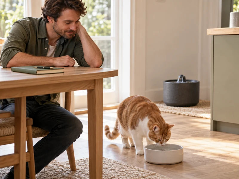 A person observes a cat near a fresh-water bowl with a closed notebook nearby.