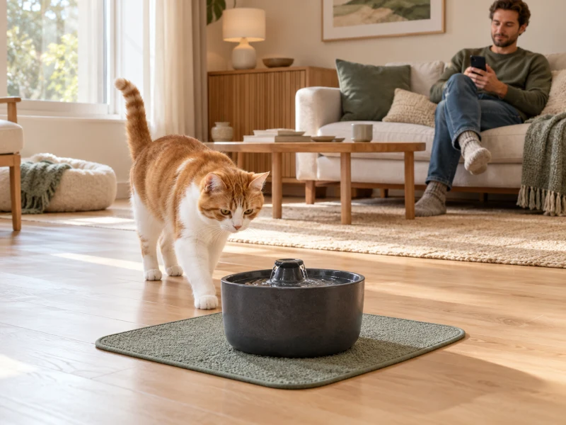 A cat approaches a generic fountain while a person holds a phone with its screen turned away.