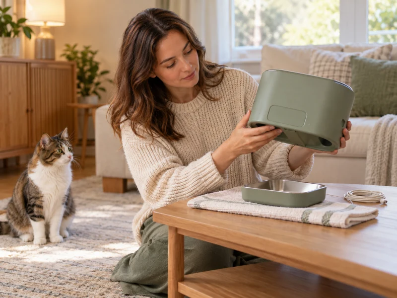An adult examines the outside label area of an empty generic feeder with the power disconnected.