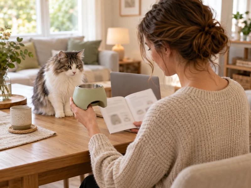A person holds a small sage pet bowl beside an open booklet at a table.