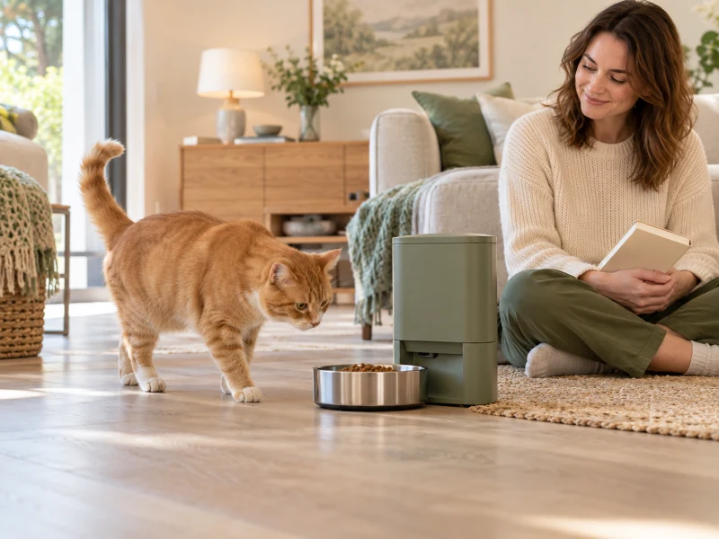 A person supervises a cat near a bowl beneath a generic dry-food feeder.