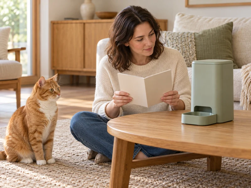 A person reads a blank booklet beside an upright generic feeder while a cat waits nearby.