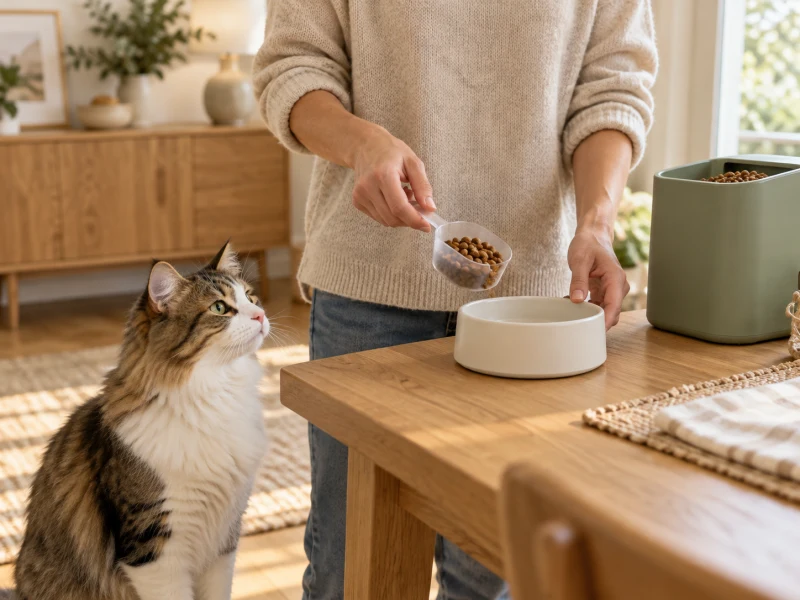 An adult examines a small amount of dry kibble beside a generic feeder.