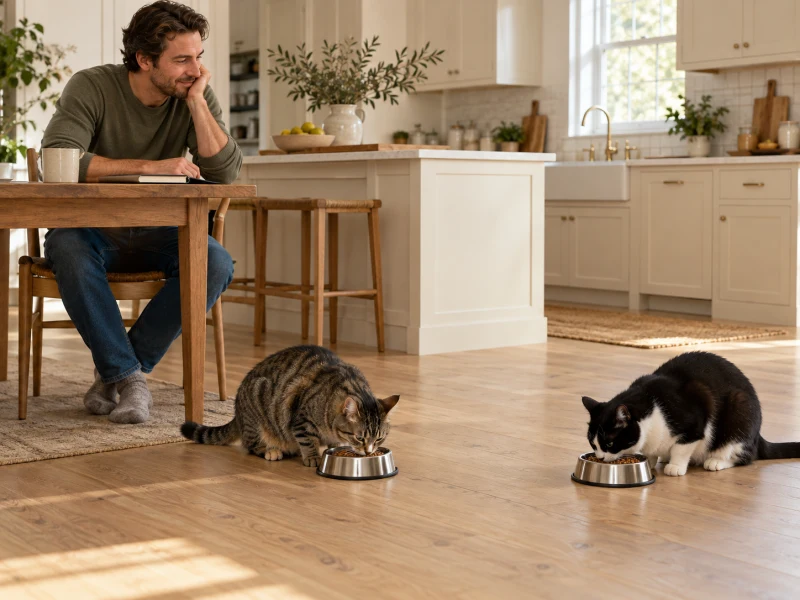 A person observes two cats near separate food bowls.