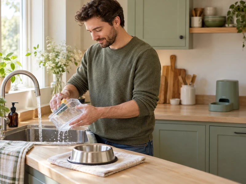 An adult cleans a plain removable food container while a generic feeder base stays dry.