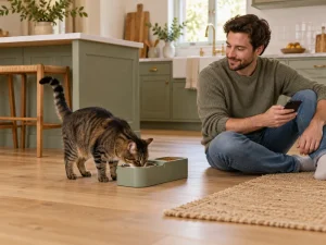 A person observes a cat approaching a generic automatic feeder in a calm home.