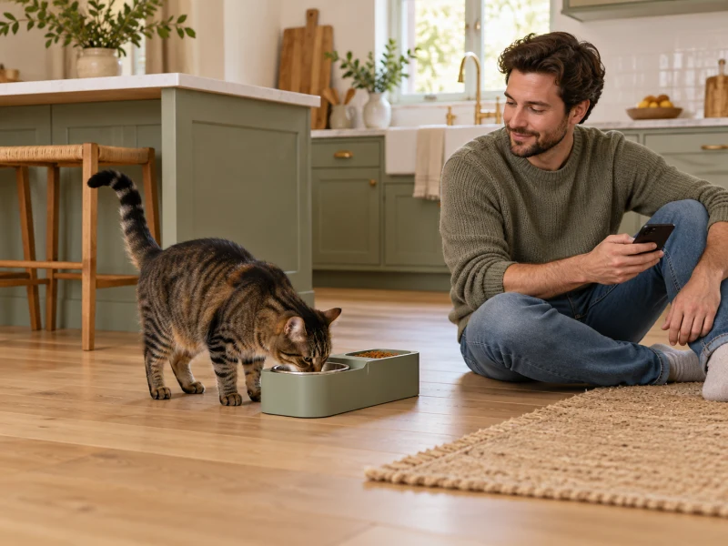 A person observes a cat approaching a generic automatic feeder in a calm home.