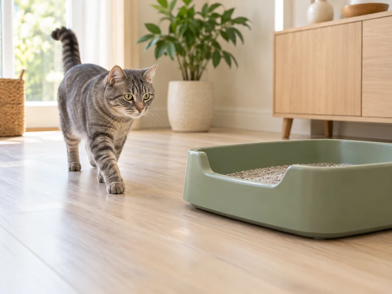 A cat walks freely toward a plain litter tray on a hard level floor.