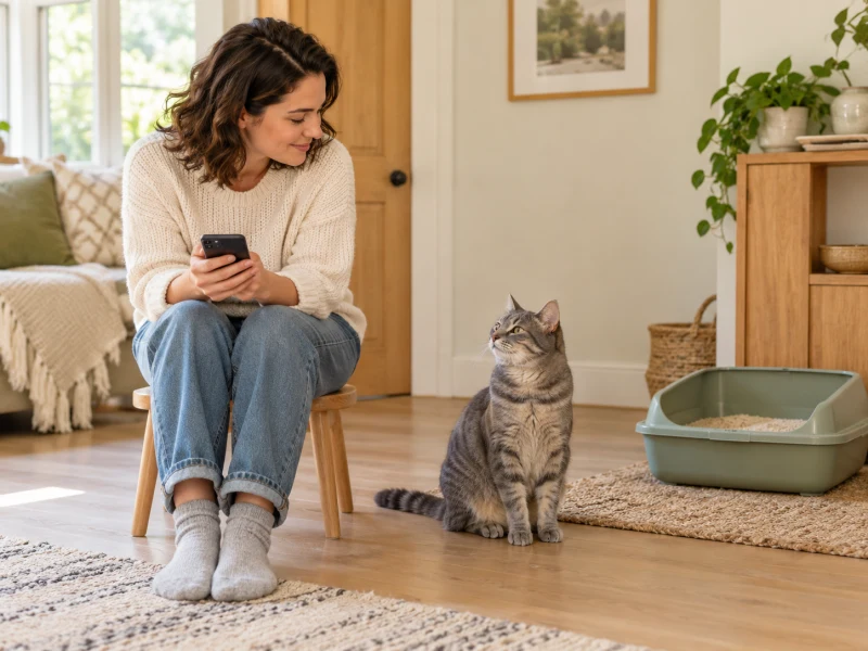 A person holds a phone facing away while observing a cat near a litter area.