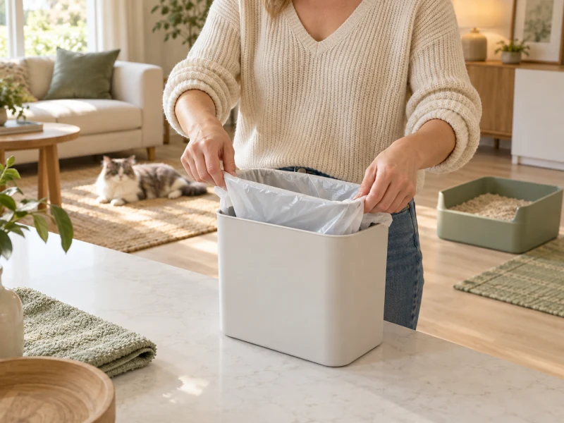 An adult replaces a plain liner in an empty separate waste container.