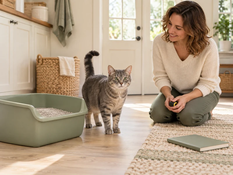 A person checks the space beside a cat’s ordinary litter tray.