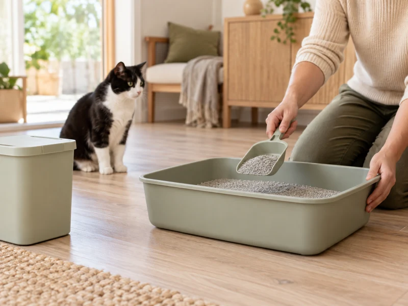 An adult holds a small scoop of clumping litter above a separate plain tray.