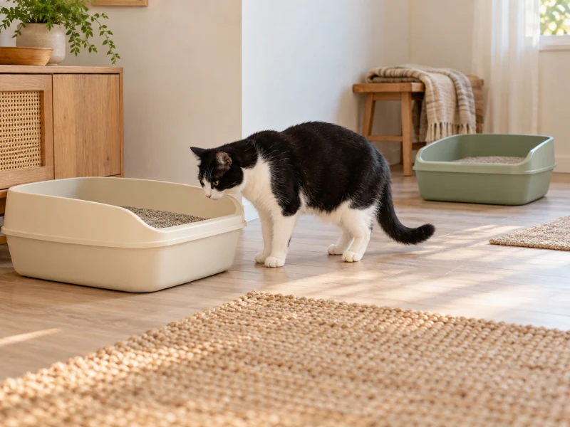 A cat walks near a familiar open litter tray with room to leave.