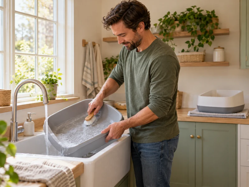 An adult cleans a separate plain litter tray with a soft cloth.