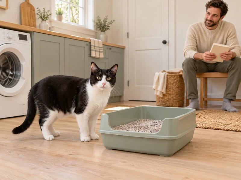 An adult gives a cat space to explore an ordinary litter area.