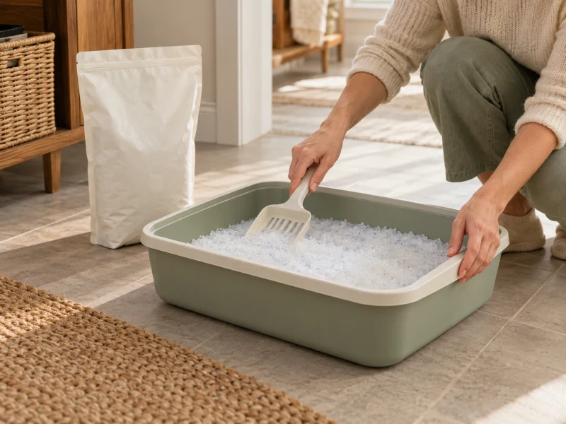 An adult spreads clean translucent litter in a separate plain tray.